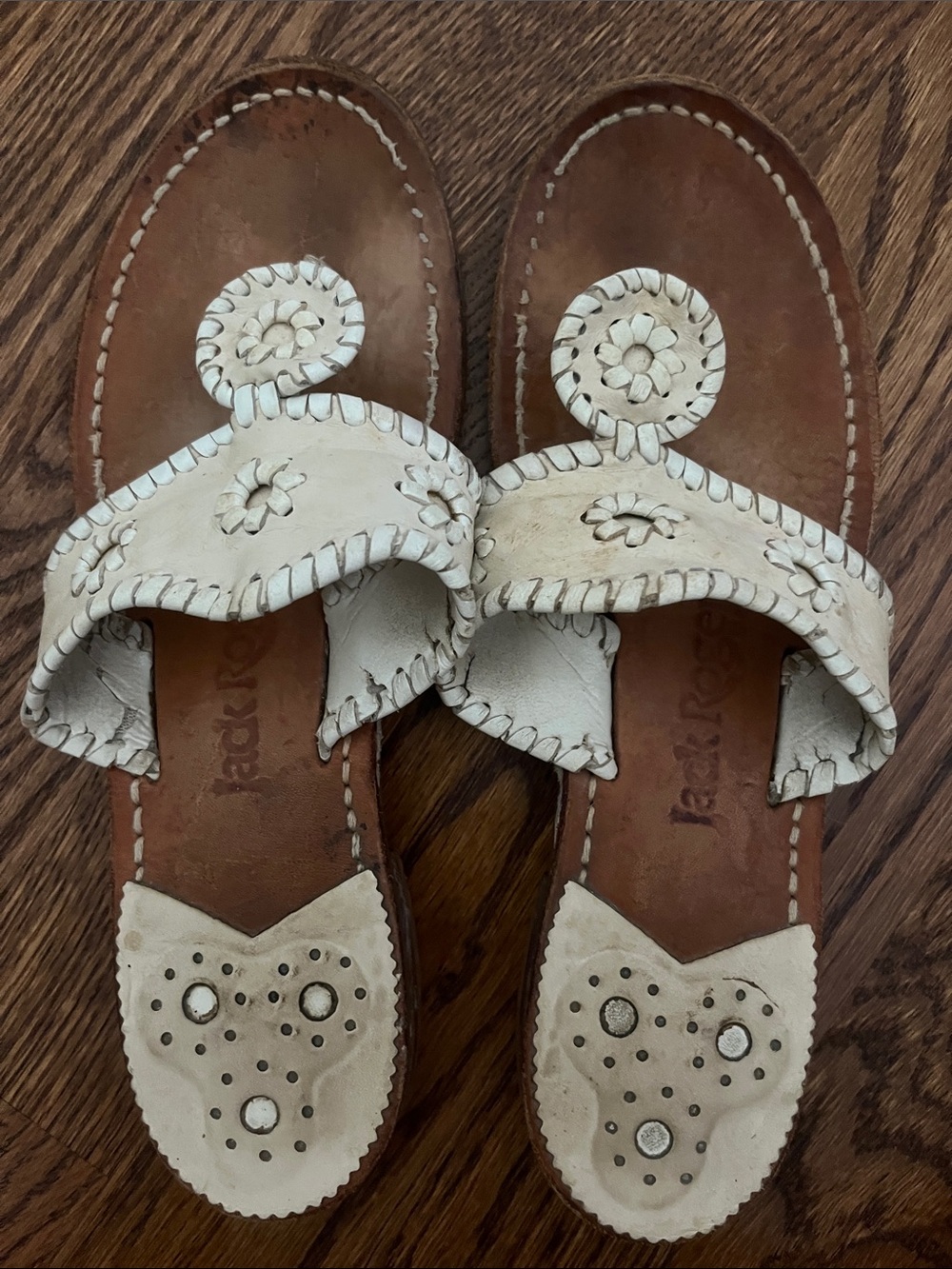Jack Rogers White Leather Whipstitch Rondelle Slide Sandals